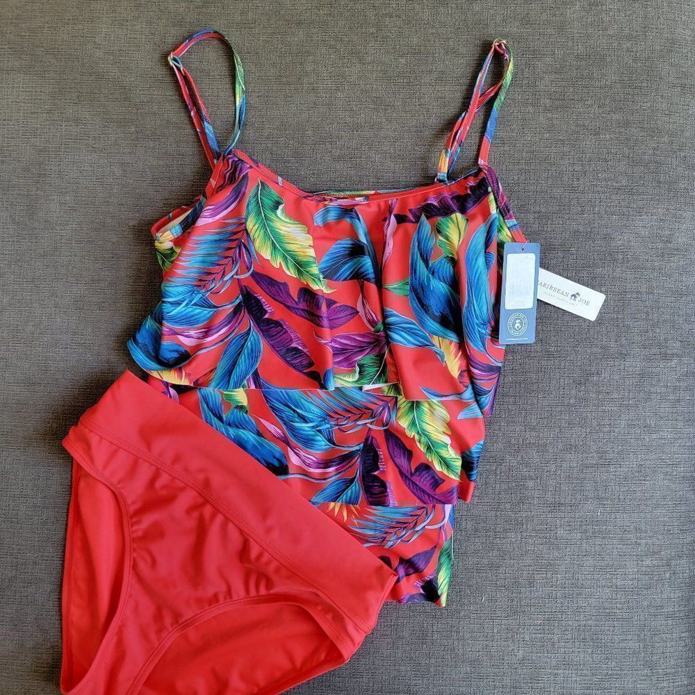 Caribbean Joe Women's Red floral Triple Tier Tankini Top & Bottom Set Si…
